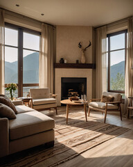 Stylish and elegant European living room with beige sofa rustic wood table fireplace and captivating mountain views Interior Design Inspiration