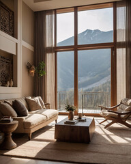 Stylish European interior with beige sofa rustic wood coffee table fireplace and stunning mountain views Interior Design Inspiration
