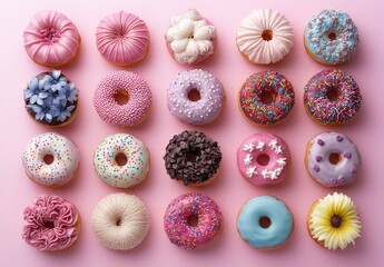 Colorful Assortment of Decorative Donuts on a Pink Background Showcasing Various Icing, Toppings, and Sprinkles for Sweet Treat Enthusiasts and Dessert Lovers