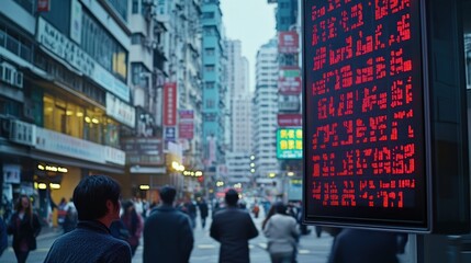 Fototapeta premium Hong Kong City Street Scene: A Man Walks Past a Vibrant Digital Sign Amidst Bustling Crowds and Towering Buildings