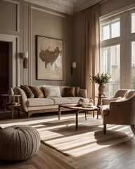Stylish European living room with beige sofa wood coffee table fireplace and scenic views of the mountains in the distance Interior Design Inspiration