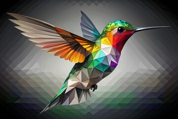 Fototapeta premium High-depth-of-field photo reveals a geometric, black and white hummingbird, a polygonal avian masterpiece.