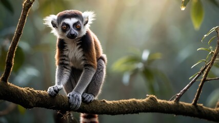 A lemur perched on a branch in a lush forest, illuminated by soft sunlight.