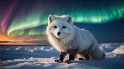 A majestic arctic fox stands on snow under a vibrant aurora borealis.