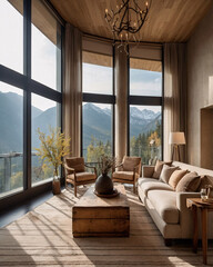 Fototapeta premium Warm European inspired living room with beige color scheme wood table fireplace and panoramic mountain view Interior Design Inspiration
