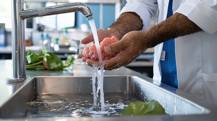 Clean Hands Washing Raw Meat Preparation Food Safety Hygiene Lab Kitchen