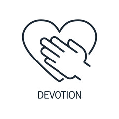 Hand on heart. Devotion.Loyalty. Vector linear illustration icon isolated on white background.