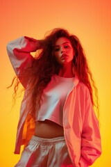 A woman with long hair is wearing a white shirt and shorts. She is standing in front of a yellow background