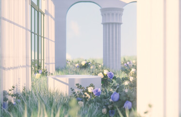 Natural beauty podium backdrop with spring rose flowers scene. 3d rendering.