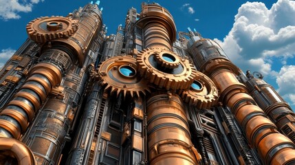 Fototapeta premium Industrial Steampunk Architecture with Gears and Pipes Against Sky