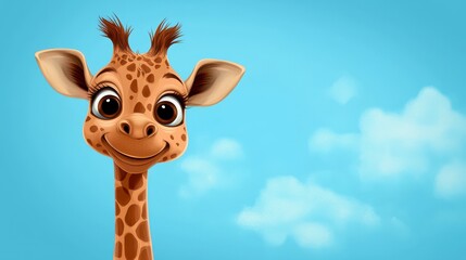 Cute and Cheerful Giraffe Cartoon Character with Bright Sky Background