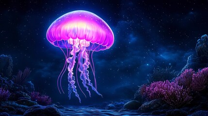 Ethereal Jellyfish Glowing in Dark Ocean Depths with Vibrant Colors
