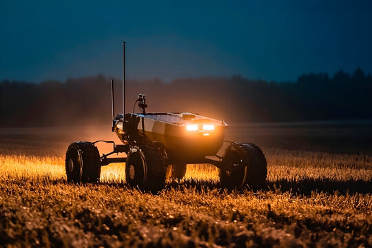Ground based military drone operates in a field under evening light. Generative AI