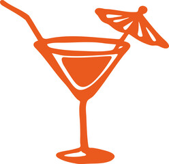 A hand drawn illustration of a cocktail glass with umbrella and straw