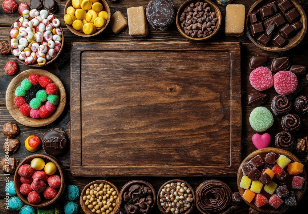Poster Colorful Assortment of Various Sweets and Candies Arranged on a Wooden Table with Empty Space for Text or Branding