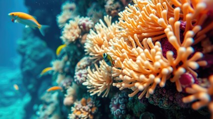 macro close-up of a small subject within an underwater scene, featuring a coral reef and exotic fish 