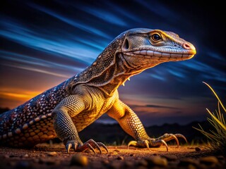 Fototapeta premium Night vision reveals the striking detail of a Savannah Monitor Lizard, a captivating African reptile.