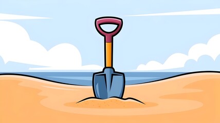 Toy spade placed in sand at beach.