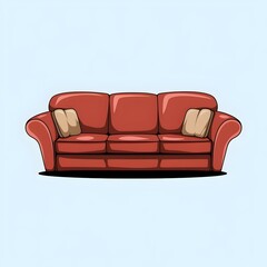 Red comfortable sofa with pillows isolated on light blue background.