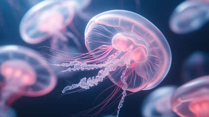 Swarm of glowing neon jellyfish in the dark sky fanstasy surreal landscape