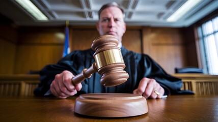 Judge using gavel in courtroom.