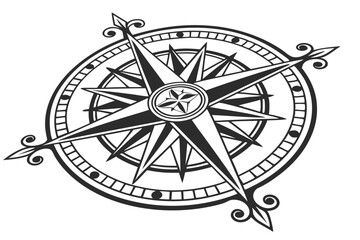 Obraz premium Compass rose, black and white, detailed illustration, directional, navigational instrument, vintage nautical design, symmetrical, ornate, wind rose, cardinal points, intricate linework, vector graphic