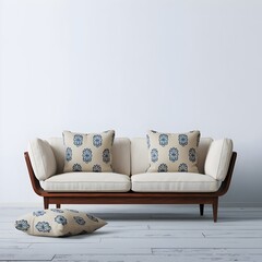 2 person seater placed against white wall and grey laminated floors, Modern sofa made of wood with pillows.