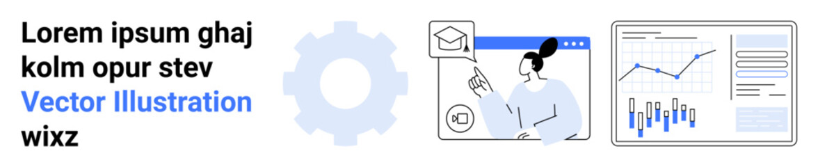 Gear, online education symbol with teacher pointing at screen, and data analysis graph. Ideal for online learning, e-learning, education, data analysis, webinars, presentations, virtual classrooms