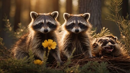 Obraz premium Three raccoons in a forest setting, with flowers and sunlight filtering through trees.
