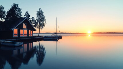 Obraz premium Serene lakeside sunrise with boats and a tranquil cabin.