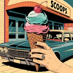 Vintage styled graphic of a woman's hand holding a ice cream cone. Classic American styled muscle car in-front of ice cream parlor.