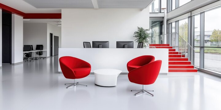 A white and red office with two red chairs and a white table. The chairs are facing the stairs