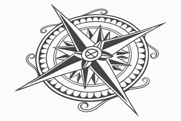 Obraz premium Compass rose, black and white, detailed illustration, directional, navigational instrument, vintage nautical design, symmetrical, ornate, wind rose, cardinal points, intricate linework, vector graphic