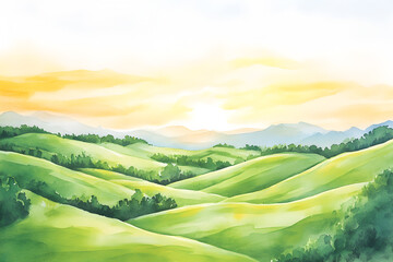 Obraz premium Serene hills under a golden sunrise sky.