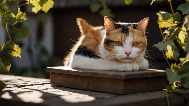 A calico cat lounging on a wooden surface surrounded by greenery in soft sunlight.