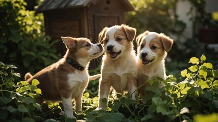 Three playful puppies in a lush garden setting, showcasing joy and companionship.