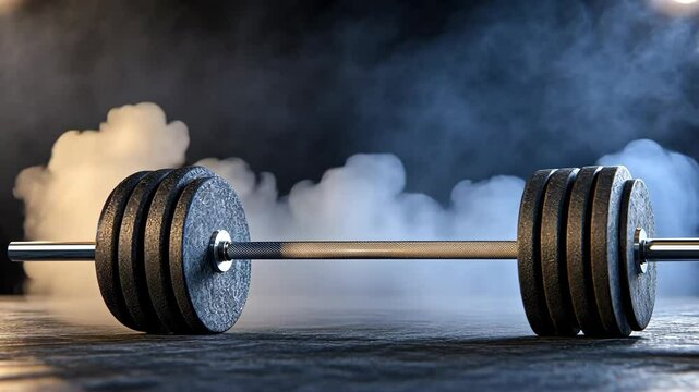 An impressive setup showcases a barbell with heavy weights placed on a gym floor. The dramatic lighting and smoke create an intense atmosphere perfect for strength training and workouts