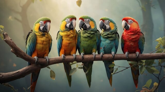Five colorful parrots perched on a branch in a serene, natural setting.