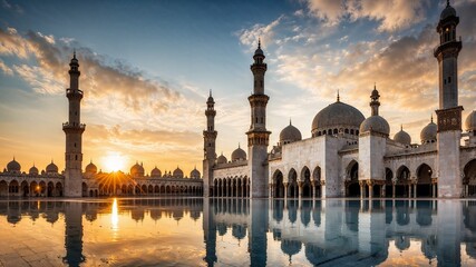 Obraz premium The appearance of a mosque, a place of worship for Muslims in Arabia, seen from the front. With a magnificent architectural design