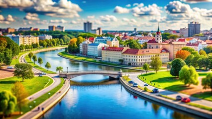 Tilt-shift transforms Minsk's Swislatsch River into a breathtaking miniature urban landscape. Discover Belarusian beauty.