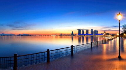 Fototapeta premium Cityscape Sunset Over Calm Lake