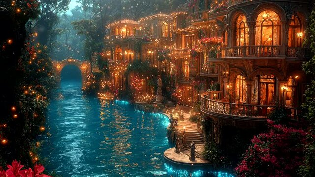 Illuminated canal with vintage architecture and glowing lights at night, seamless looping 4K time-lapse animation video background