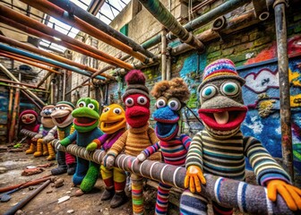 Whimsical sock puppet street photographers capture urban art's quirky charm.