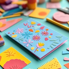 Colorful Craft Project with Vibrant Paper Cutouts and Handmade Designs on Bright Background
