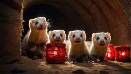 Four playful ferrets in a cozy tunnel with glowing lanterns.