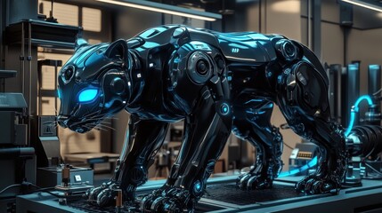 Fototapeta premium Cybernetic Panther: A Technological Marvel in a Futuristic Laboratory