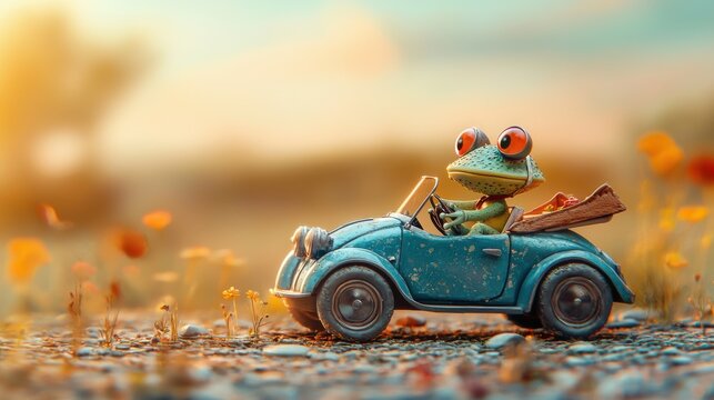 Cartoon frog driving miniature convertible car on sunlit road whimsical scene playful adventure outdoor setting close-up perspective