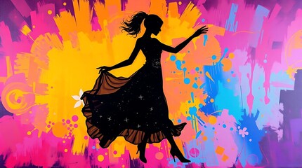 Silhouette woman dancing colorful background.