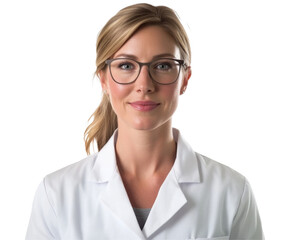 Fototapeta premium Confident Woman in a Lab Coat, Professional and Focused , isolated on white background PNG