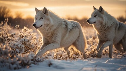 Obraz premium Two white wolves running through a snowy landscape at sunset.